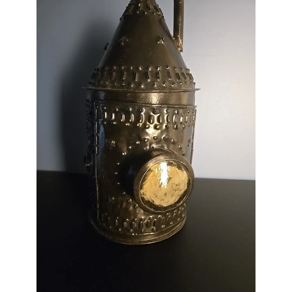 Punched Tin Candle Lantern‎ Side Smoke Stack Double Glass Lenses Bullseye